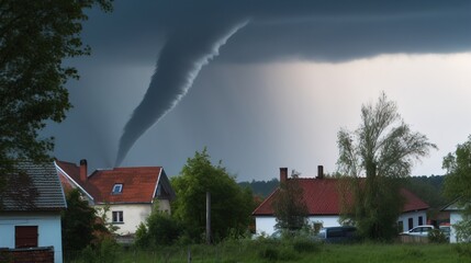 Destructive tornado funnel, natural cataclysm disaster. AI generated.