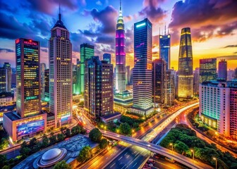 Fototapeta premium Colorful cityscape with bustling street life, vibrant neon signs, and sleek skyscrapers, showcasing urban energy and modern architecture in a thriving metropolis.