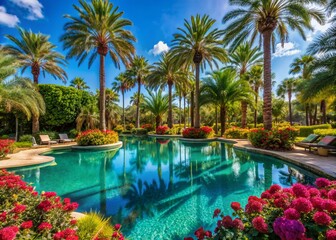 Serenene palm trees line a turquoise pool surrounded by lush greenery and vibrant flowers at a luxurious Orlando resort on a sunny day.