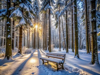 a snowy forest with a bench in the middle, In the midst of a snowy forest, there is a solitary bench perfectly placed for moments of tranquility.