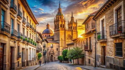 Fototapeta premium Ancient cathedral rises above quaint old town streets in a charming Spanish city, warm sunlight casting a golden glow on historic architecture.