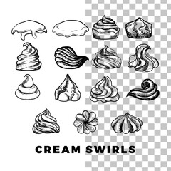 Hand drawn cream swirls. Vector hand drawn sweets and marshmallows. Easy to edit and use vector food assets. Black outline, no fill, with fine details. 