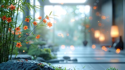 Orange flower in the interior with bokeh background, stock photo zoom office background