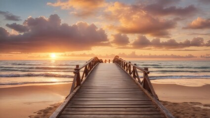 Obraz premium Wooden bridge to the beach during sunset