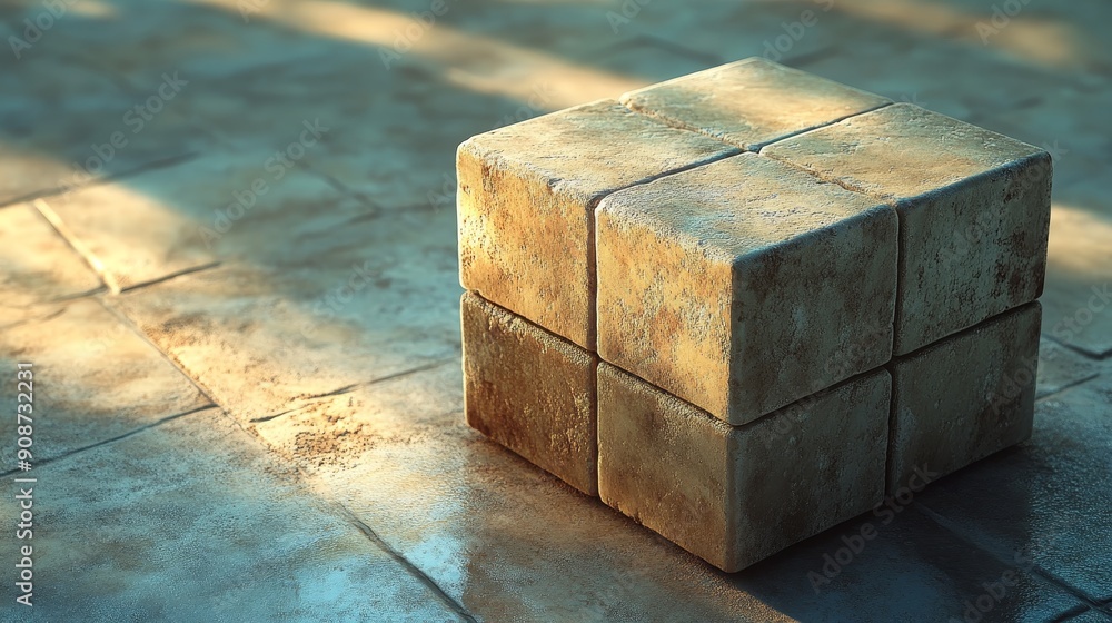 Poster A box made of bricks is sitting on a tiled floor