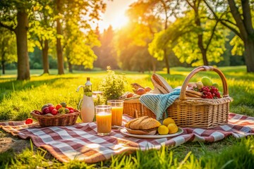 A serene blanket spread with abundant food and drinks lies empty in a lush green park, basking in warm sunlight, awaiting a loving family's arrival.