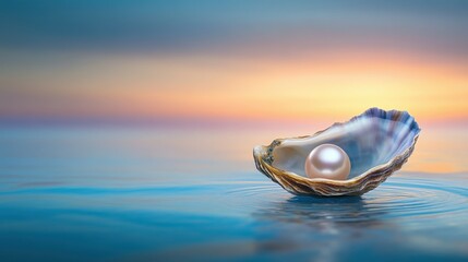 A serene pearl nestled in an open oyster, floating gently on calm water during a stunning sunset.