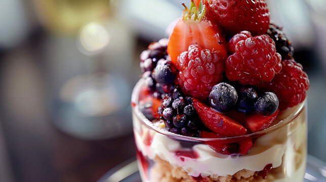 Close-up of vibrant, detailed layers in a fruit parfait with berries and yogurt