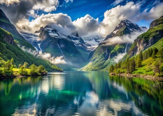 Breathtaking serene fjord landscape in Norway, majestic snow-capped mountains rise from tranquil turquoise water, surrounded by lush greenery and misty atmosphere.