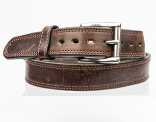 Thick strong with side stitching real natural Leather belt. Leather brown belt on white background, vintage retro leather belt.