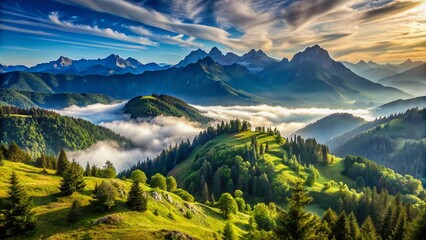 Serene mountain landscape with misty valleys, lush green forests, and rugged peaks stretching into the distance under a vibrant blue sky with scattered clouds.