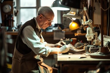Fototapeta premium Shoemaker working on leather shoe in workshop