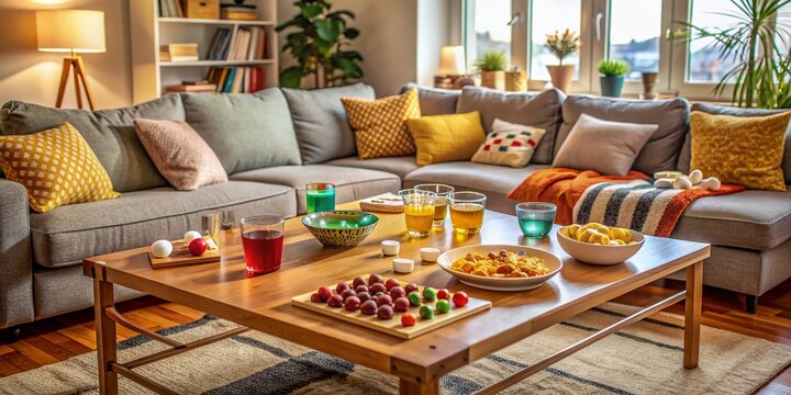 A cozy living room setting with a board game spread out on a coffee table, surrounded by snacks, drinks, and comfortable couch cushions, evoking warmth and friendly rivalry. - Powered by Adobe