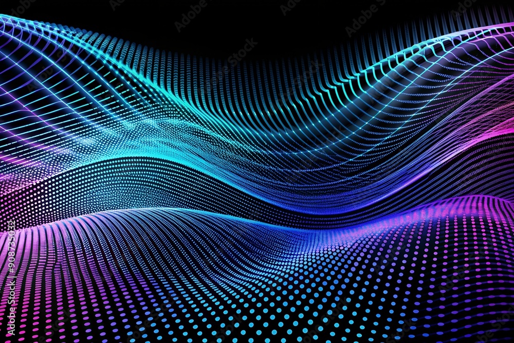 Poster blue purple wave line light gradient dark background. digital backdrop of enormous data and abstract