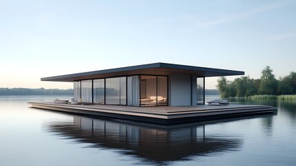 A floating modern house on the lake, with a wood deck with glass walls and a flat roof, in a minimalist design with sleek lines, overlooking calm waters