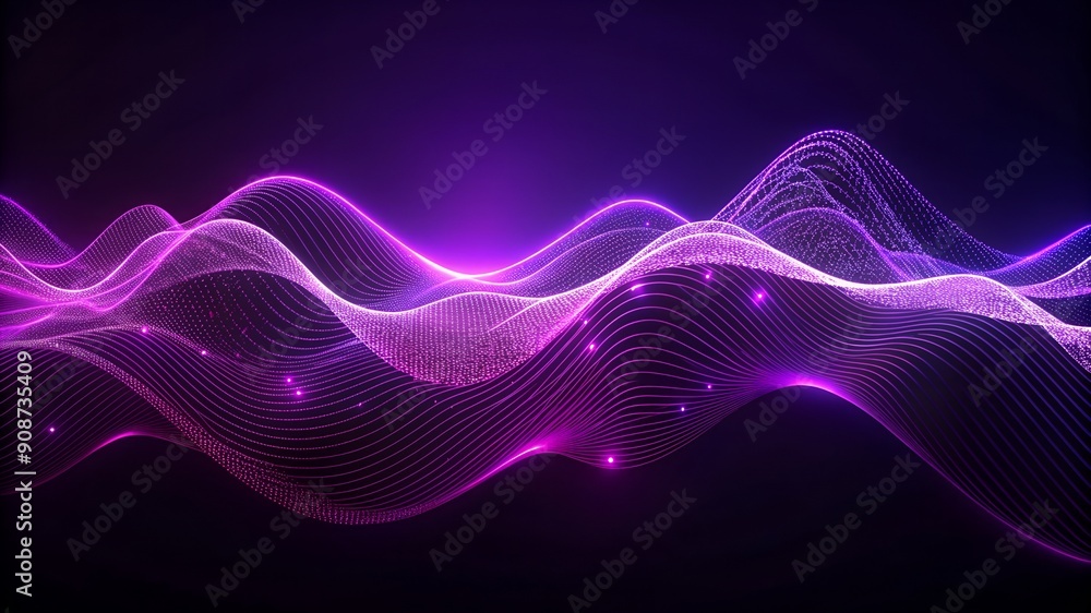 Poster blue purple wave line light gradient dark background. digital backdrop of enormous data and abstract
