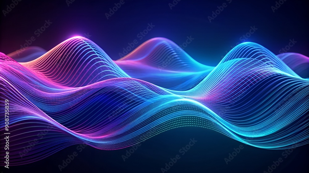 Poster blue purple wave line light gradient dark background. digital backdrop of enormous data and abstract