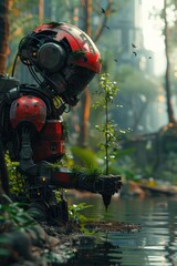 Robot tending to a sapling in a forest