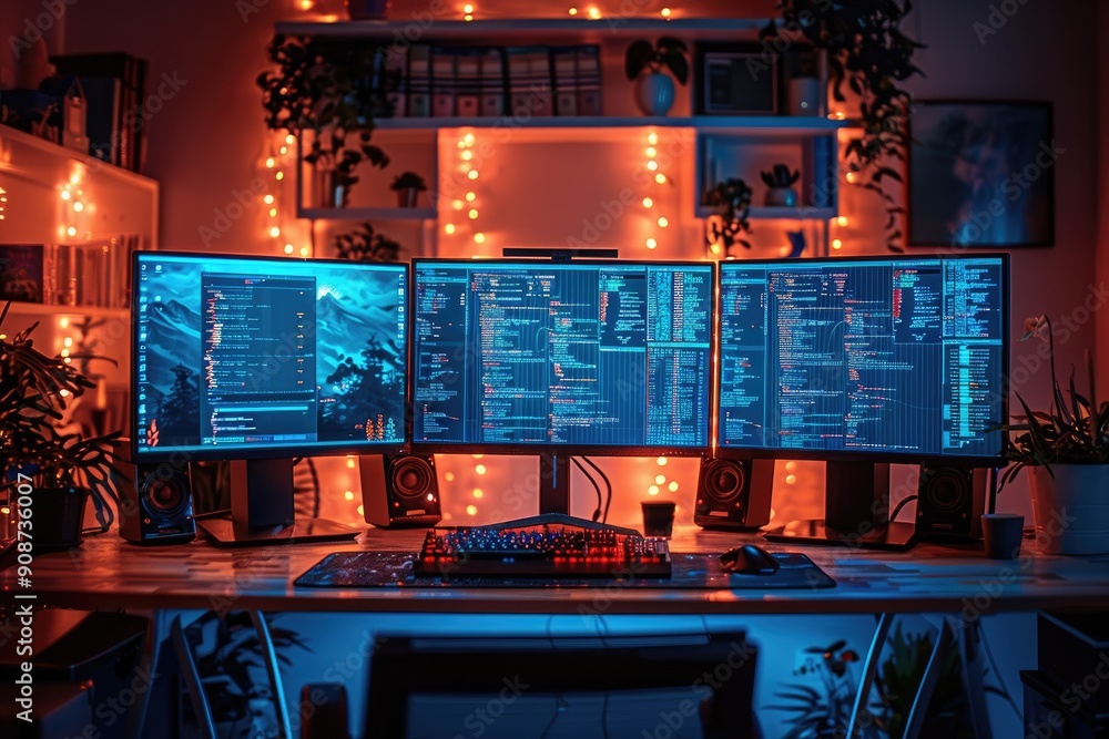 Poster three monitors displaying code on desk with rgb keyboard