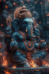 Fototapeta premium Blue Ganesha Statue in Flames