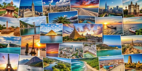 Vibrant top view of a colorful collage of numerous travel photos showcasing iconic landmarks, stunning beaches, and breathtaking cityscapes from around the world.
