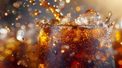 Close up of Pouring Fizzy Soda with Sparkling Bubbles and Golden Glow