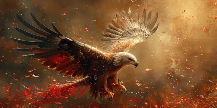 Eagle in Flight with Falling Leaves