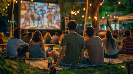A group of people are sitting on a blanket in a park watching a movie