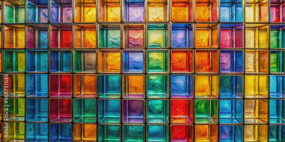 Poster vibrant multicolored square glass bricks formed a mesmerizing geometric pattern on a sleek glass bac