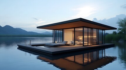 A floating modern house on the lake, with a wood deck with glass walls and a flat roof, in a minimalist design with sleek lines, overlooking calm waters