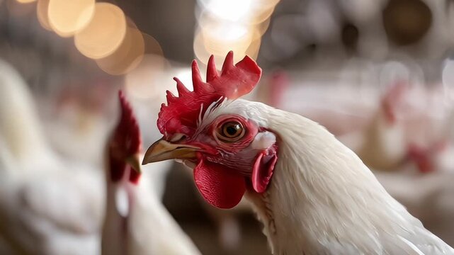 White rooster broiler with a red comb in agriculture and animal farming