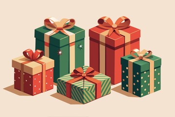Obraz premium Illustration of Christmas presents with bows, festive holiday gift boxes, red and green colors