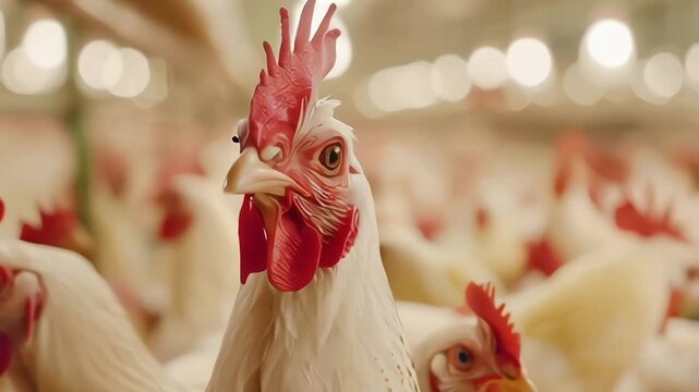 White rooster broiler with a red comb in agriculture and animal farming