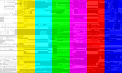 Old TV test pattern colorful stripes damaged by glitches, banding and grain noise effects © kastanka