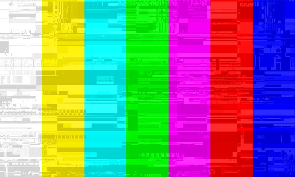 Old TV test pattern colorful stripes damaged by glitches, banding and grain noise effects