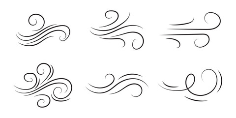 Doodle wind line sketch set. Hand drawn doodle wind motion, air blow, swirl elements. Sketch drawn air blow motion, smoke flow art, abstract line. Vector illustration. Isolated on white background