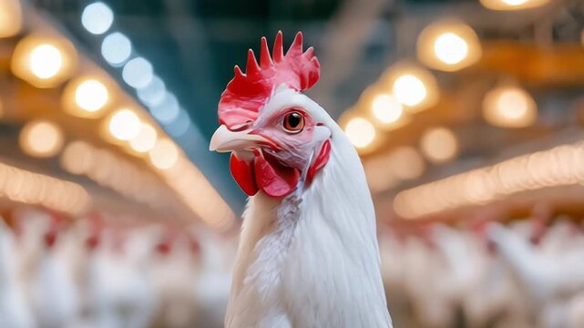 White rooster broiler with a red comb in agriculture and animal farming