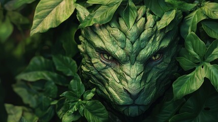 Fototapeta premium Photorealistic painting of a mythical creature in a lush forest, merging fantasy with wildlife adventure, imaginative journey
