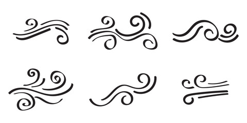 Blowing wind icon collection in black on a white background. Set of wind blow line icon. Black related to wind and waves
