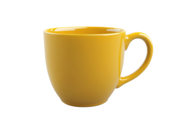 Bright yellow ceramic mug isolated on transparent background. Clean and simple design perfect for coffee, tea, or any hot beverage.