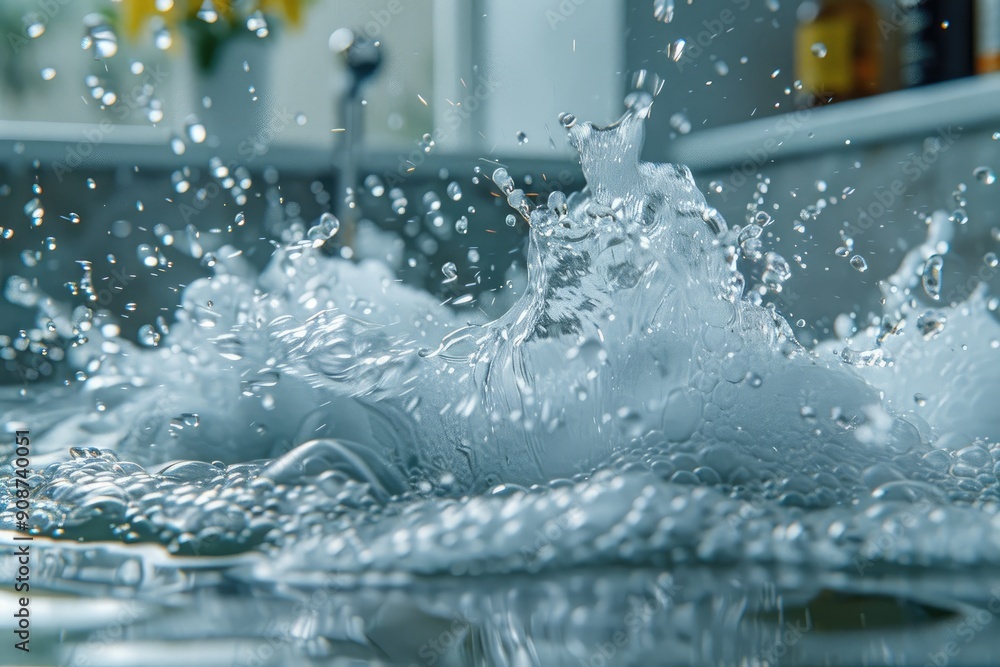 Poster water droplets splashing and creating bubbles in a basin