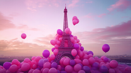 balloons flying in the sky, eiffel tower city landscape, eiffel tower decorated with pink balloons 