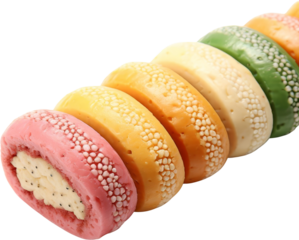 Colorful macaron cookies stacked in a row. Vibrant dessert display with various flavors and colors. Perfect for sweet treat collection.