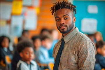 Fototapeta premium Engaging male teacher leading classroom discussion with students in brightly lit school, copy space for text