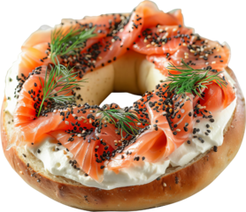Delicious bagel topped with smoked salmon, cream cheese, and fresh dill, garnished with sesame seeds, perfect for brunch or breakfast.