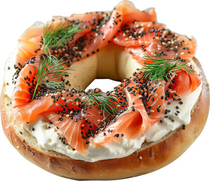 Delicious bagel topped with smoked salmon, cream cheese, and fresh dill, garnished with sesame seeds, perfect for brunch or breakfast. - Powered by Adobe