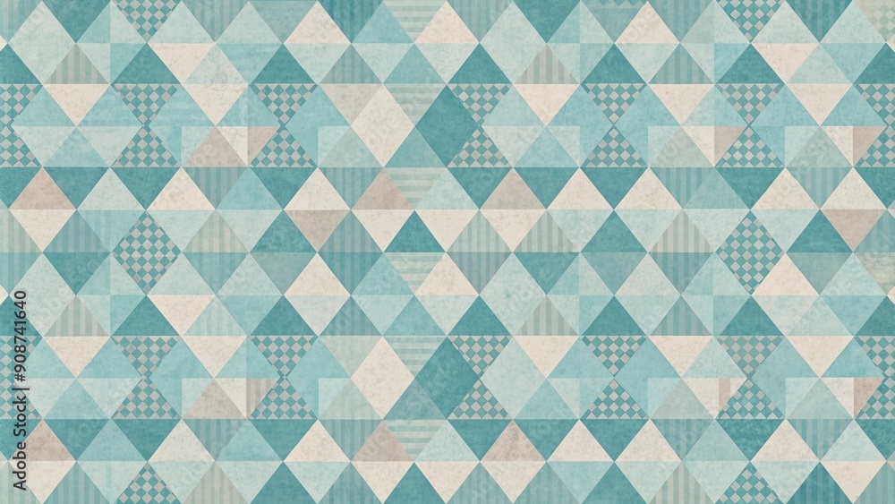 Poster seamless retro geometric pattern featuring triangle and square shapes in light blue hue with subtle 