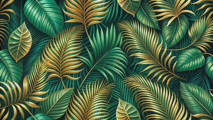 Vibrant green palm leaf pattern with golden accents and soft foliage, perfect for luxury wallpaper, fabric, or art, evoking a sense of jungle summer elegance.