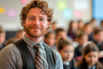 Engaging teacher smiles at students during classroom instruction in a bright learning environment, copy space for text