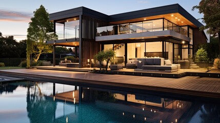 Obraz premium Modern wooden deck and sleek pool house featuring glass railings, set in an urban Australian landscape with ornate architecture and contemporary design elements, panoramic view.